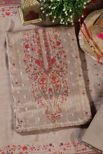 Beige Zari Woven And Printed Silk Unstitched Suit Material