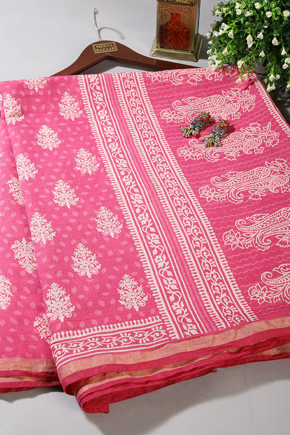 Magenta Pink Color Cotton Hand-Block Style Printed Saree