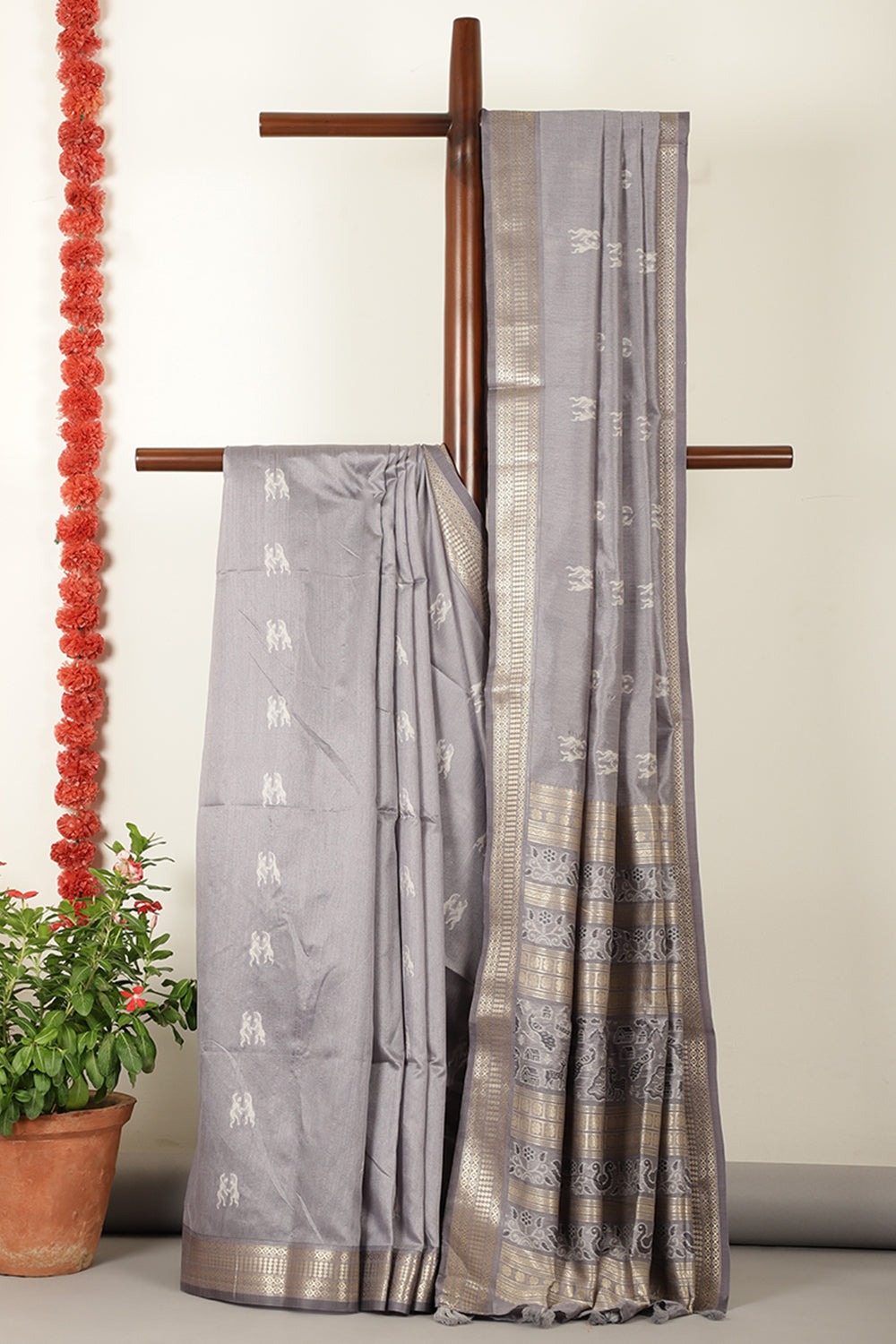 Grey Chanderi Silk Resham & Zari Woven Saree
