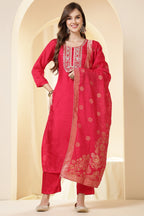 Coral Pink Color Silk Suit Set With Neck Embroidered