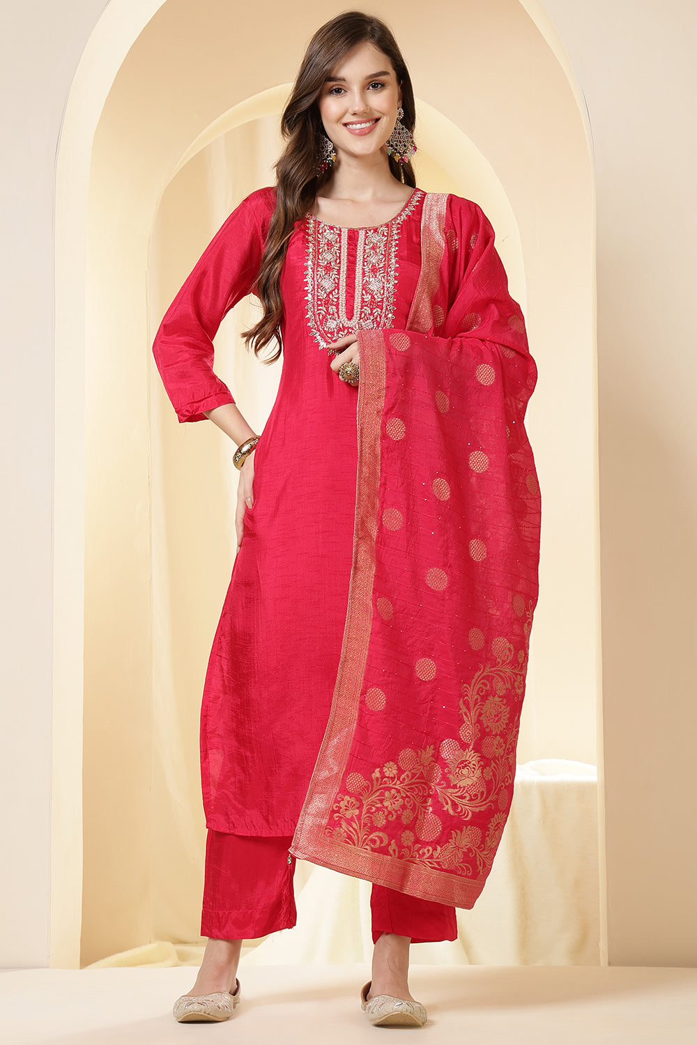 Coral Pink Color Silk Suit Set With Neck Embroidered