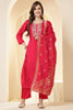 Coral Pink Color Silk Suit Set With Neck Embroidered