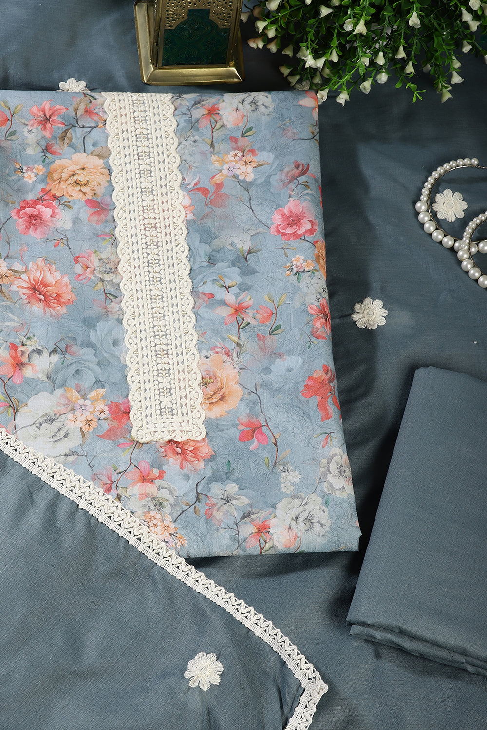 Blue Color Cotton Flower Printed and Lace Work Unstitched Suit Fabric