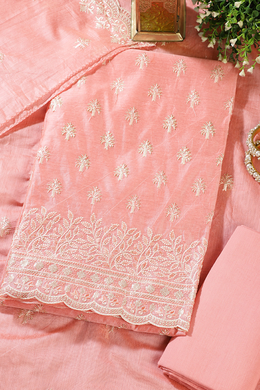 Peach Chanderi Silk Embroidered Unstitched Suit Material