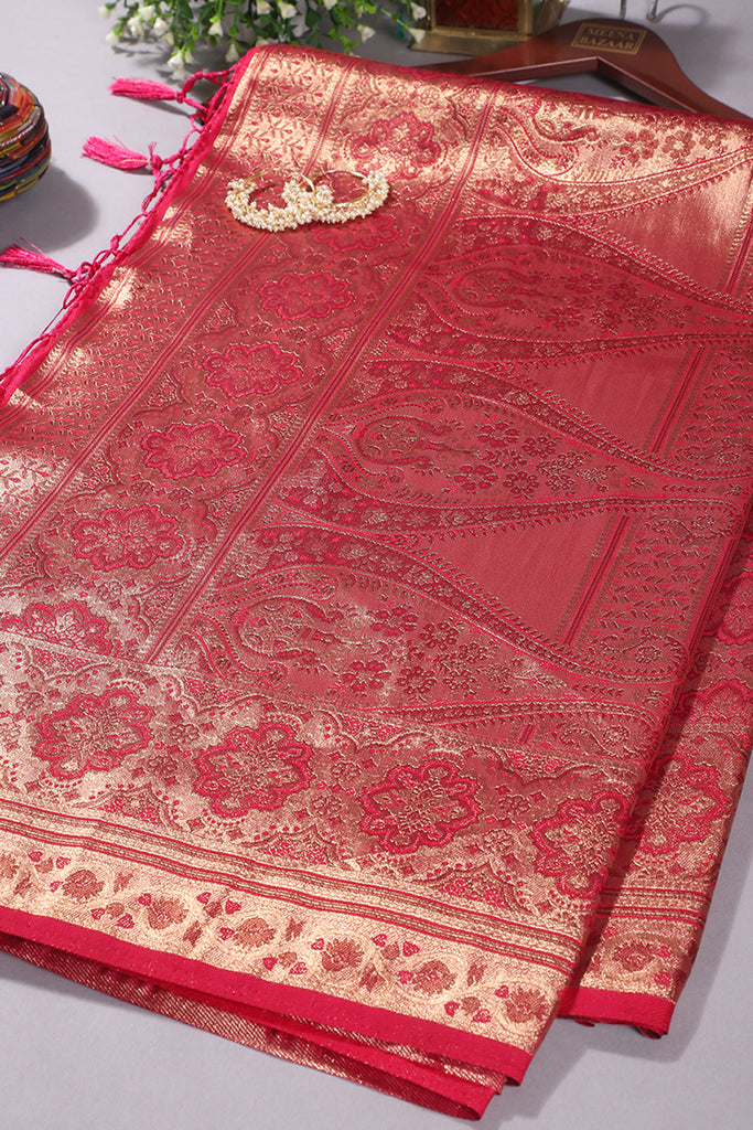 Cherry Colour Silk Zari Woven Saree