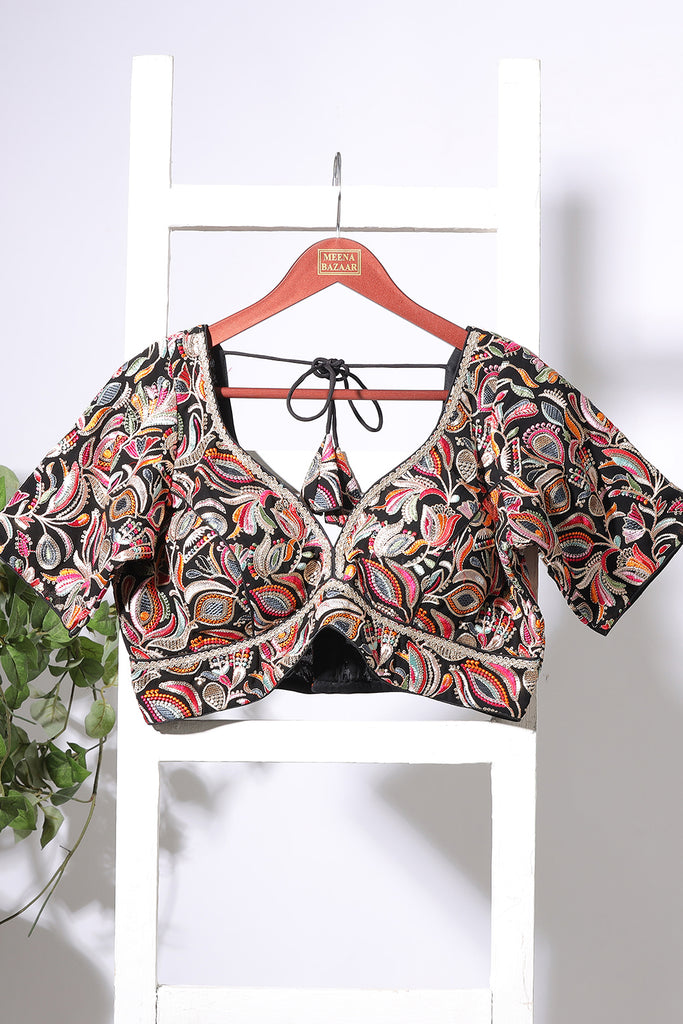 Black Georgette Resham And Sequins Embroidered Readymade Blouse