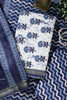 White And Blue Cotton Floral Block Print & Zari Border Unstitched Suit Material