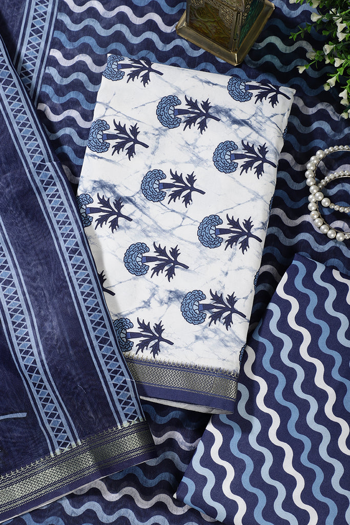White And Blue Cotton Floral Block Print & Zari Border Unstitched Suit Material