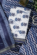White And Blue Cotton Floral Block Print & Zari Border Unstitched Suit Material