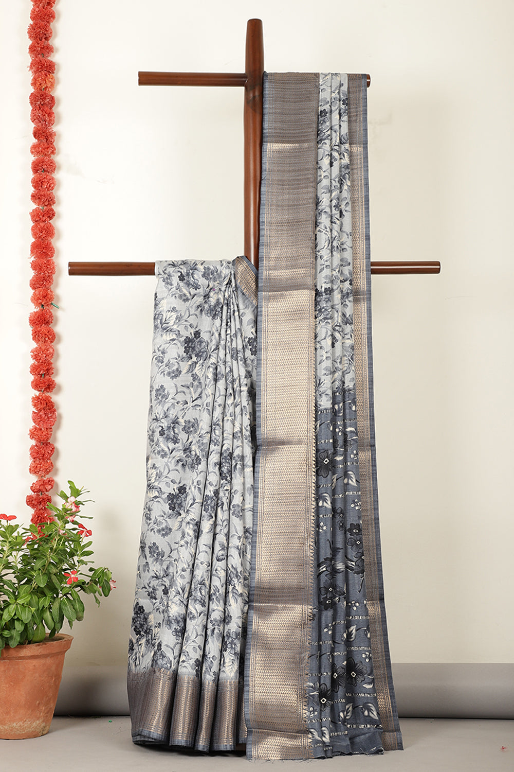Grey Floral Printed Cotton Silk Saree