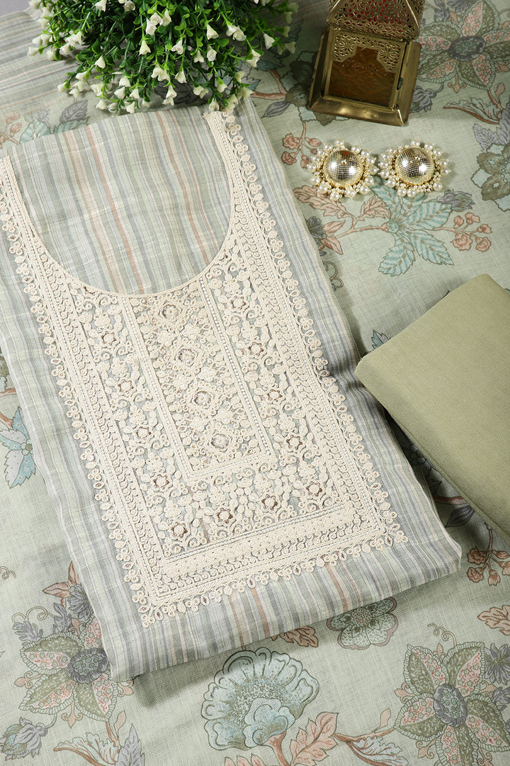 Sea Green Color Linen Cotton Embroidery Unstitched Suit Material