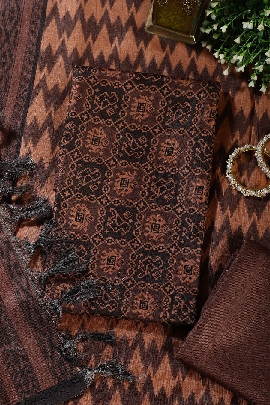 Brown Chanderi Cotton Digital Printed Unstiched Suit Material