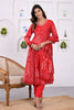 Red Color Muslin Printed & Neck Embroidered Suit