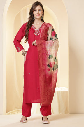 Fushia Pink Color Silk Suit Set With Neck Embroidered & Floral Printed Dupatta