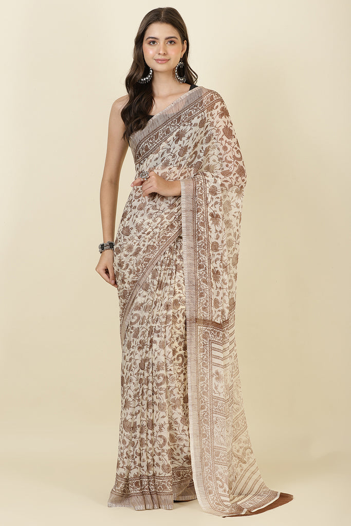 White & Brown Georgette Floral Printed Saree