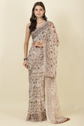 White & Brown Georgette Floral Printed Saree