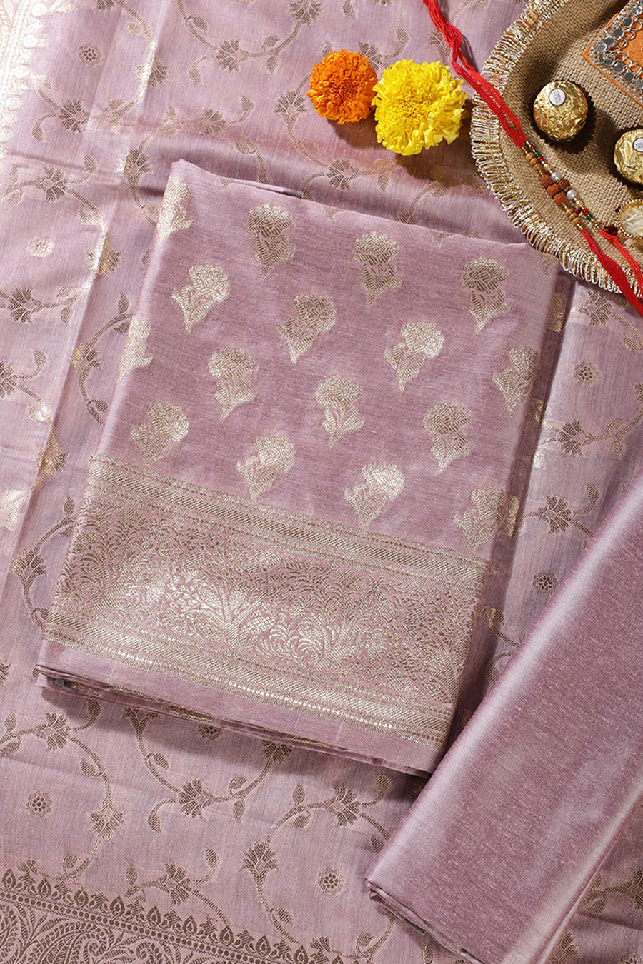 Mauve Silk Zari Woven Unstitched Suit Material