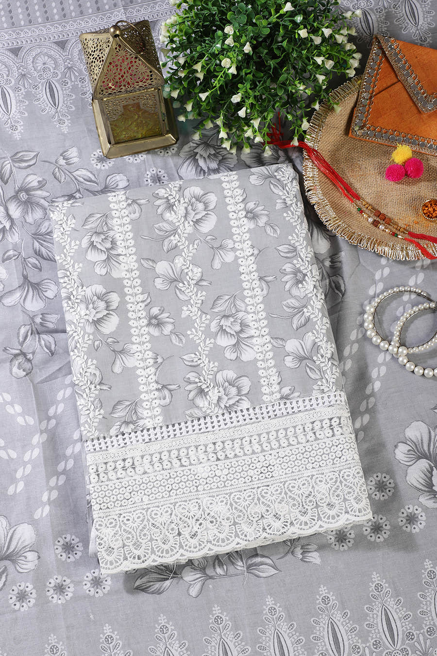 Grey Cotton Floral Printed And Resham Embroidered Unstitched Suit Material