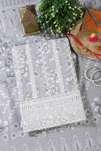 Grey Cotton Floral Printed And Resham Embroidered Unstitched Suit Material