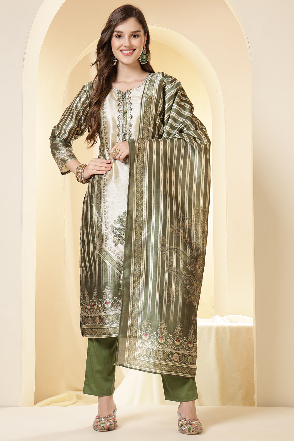 Green Color Chanderi Silk Printed Straight Suit