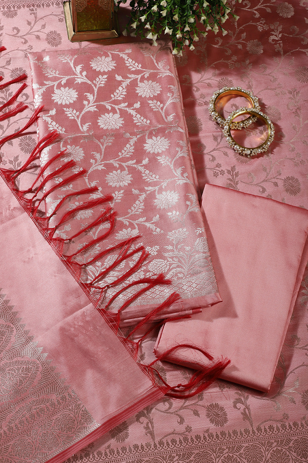 Pink Zari Floral Woven Unstitched Suit Fabric