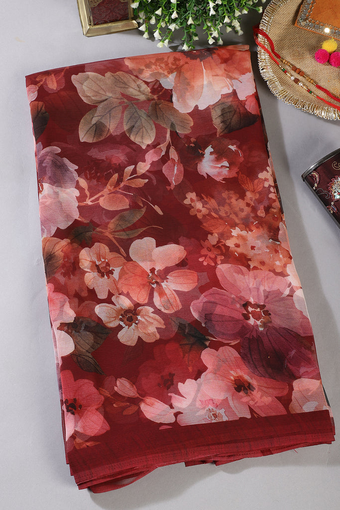 Maroon Colour Floral Printed Chiffon Saree