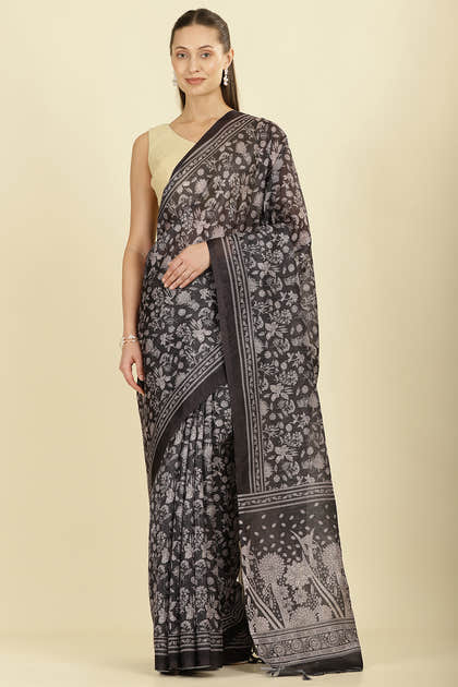 Black Kota Cotton Floral Jaal Printed Saree