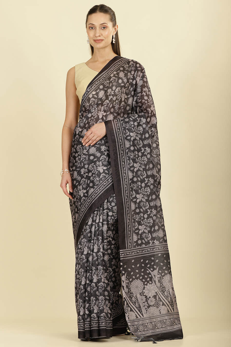 Black Kota Cotton Floral Jaal Printed Saree