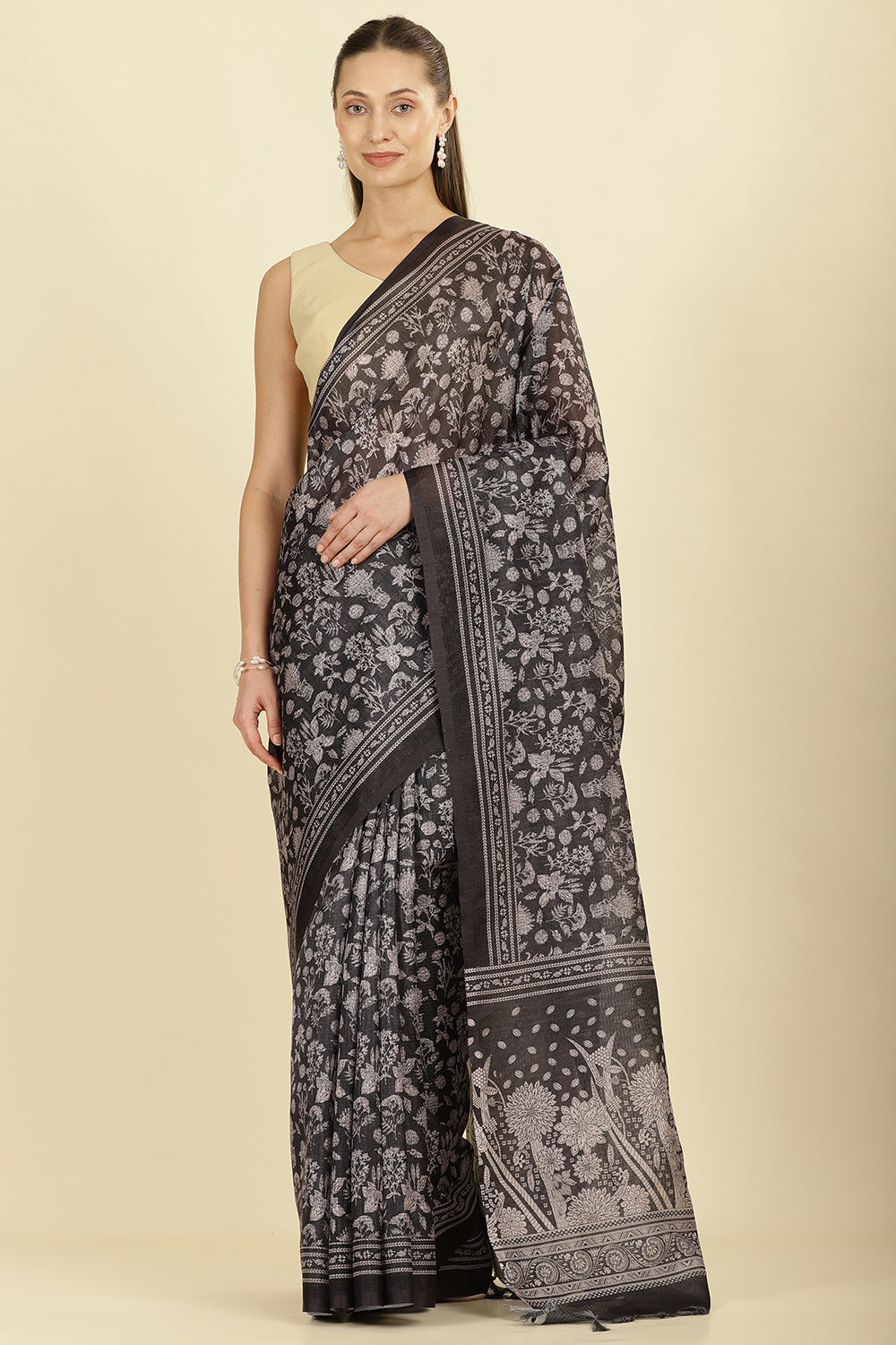 Black Kota Cotton Floral Jaal Printed Saree