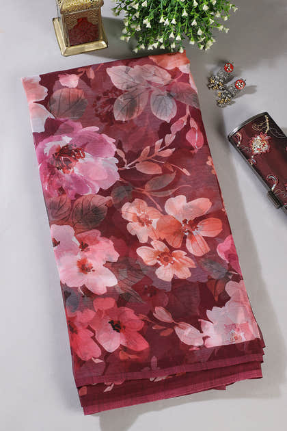 Wine Colour Floral Printed Chiffon Saree