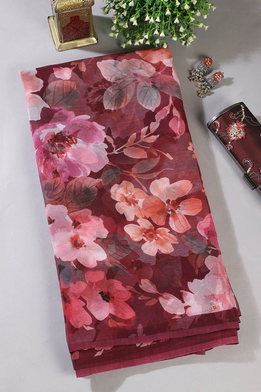 Wine Colour Floral Printed Chiffon Saree