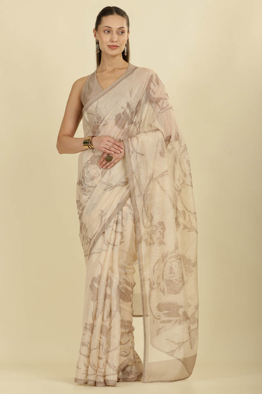Beige Floral Zari Taar Embroidered Kota Cotton Saree
