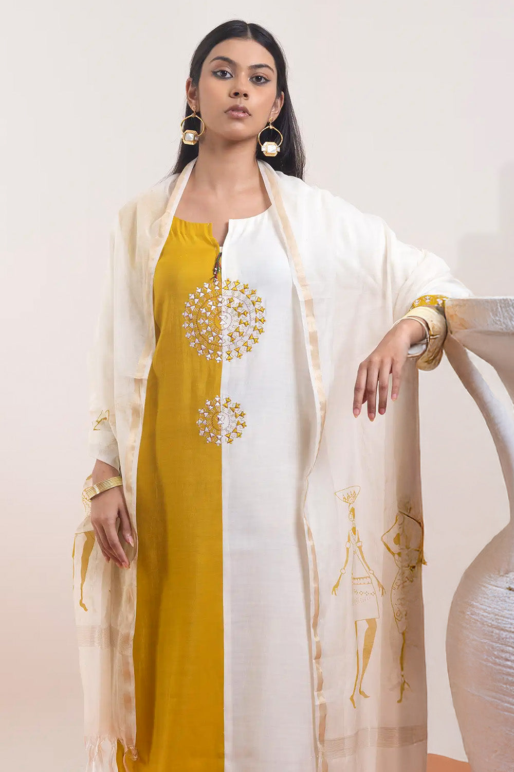White & Mustard Pure Chanderi Cotton Straight Suit