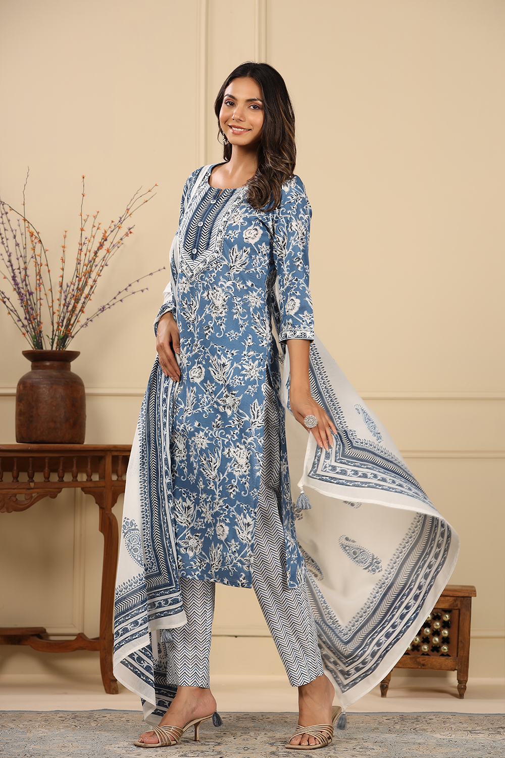 Blue Colour Cotton Printed Suit