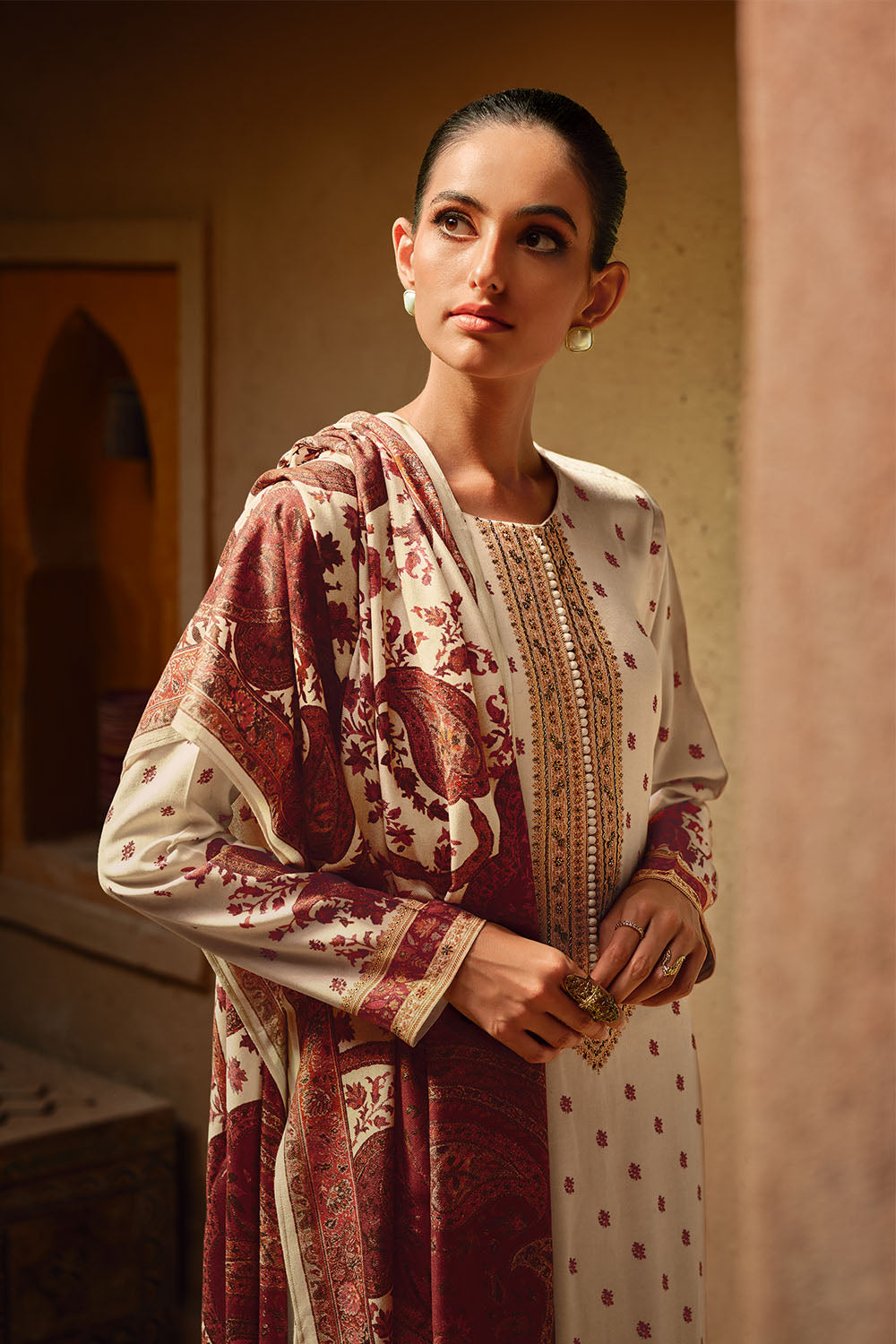 Cream Color Pashmina Printed Unstitched Suit Material
