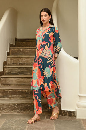 Blue Crepe Printed Co-Ord Dress