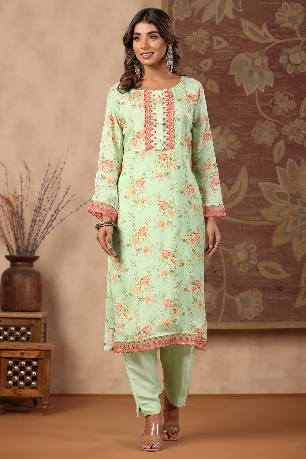 Pista Green Colour Muslin Printed Suit