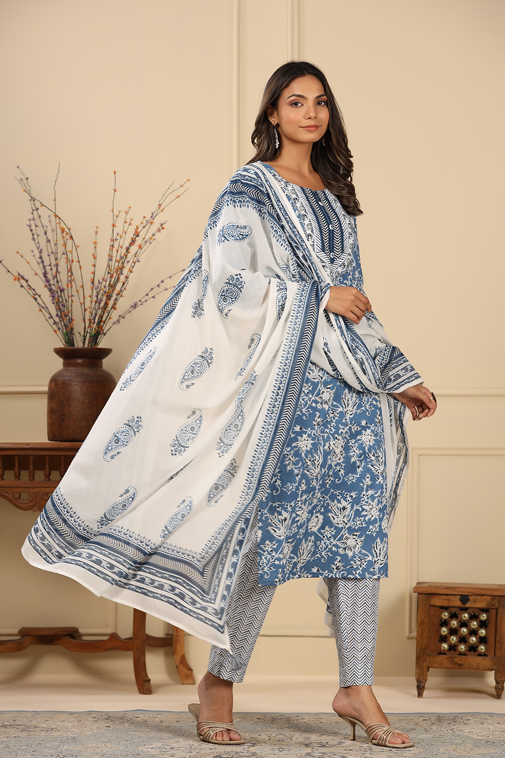 Blue Colour Cotton Printed Suit