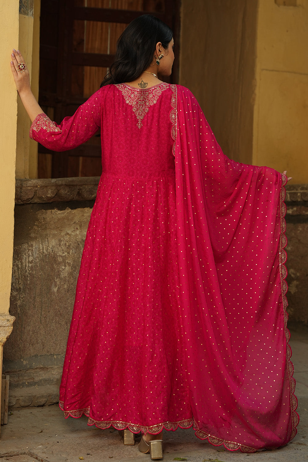 Fuchsia Pink Color Muslin Zari Embroidered Anarkali Suit