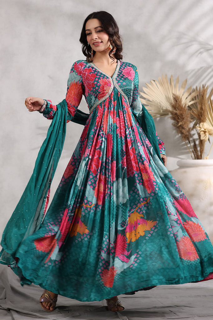 Teal Color Crepe Alia-Cut Printed Anarkali Suit