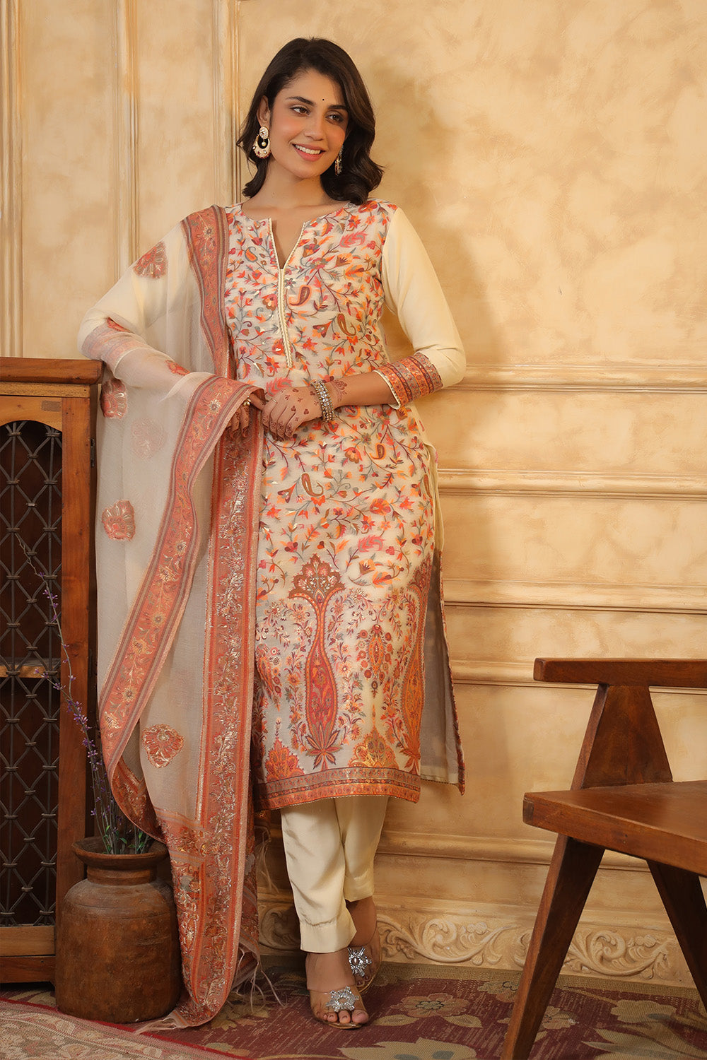 Cream Color Meena-Kaari Woven Chanderi Suit