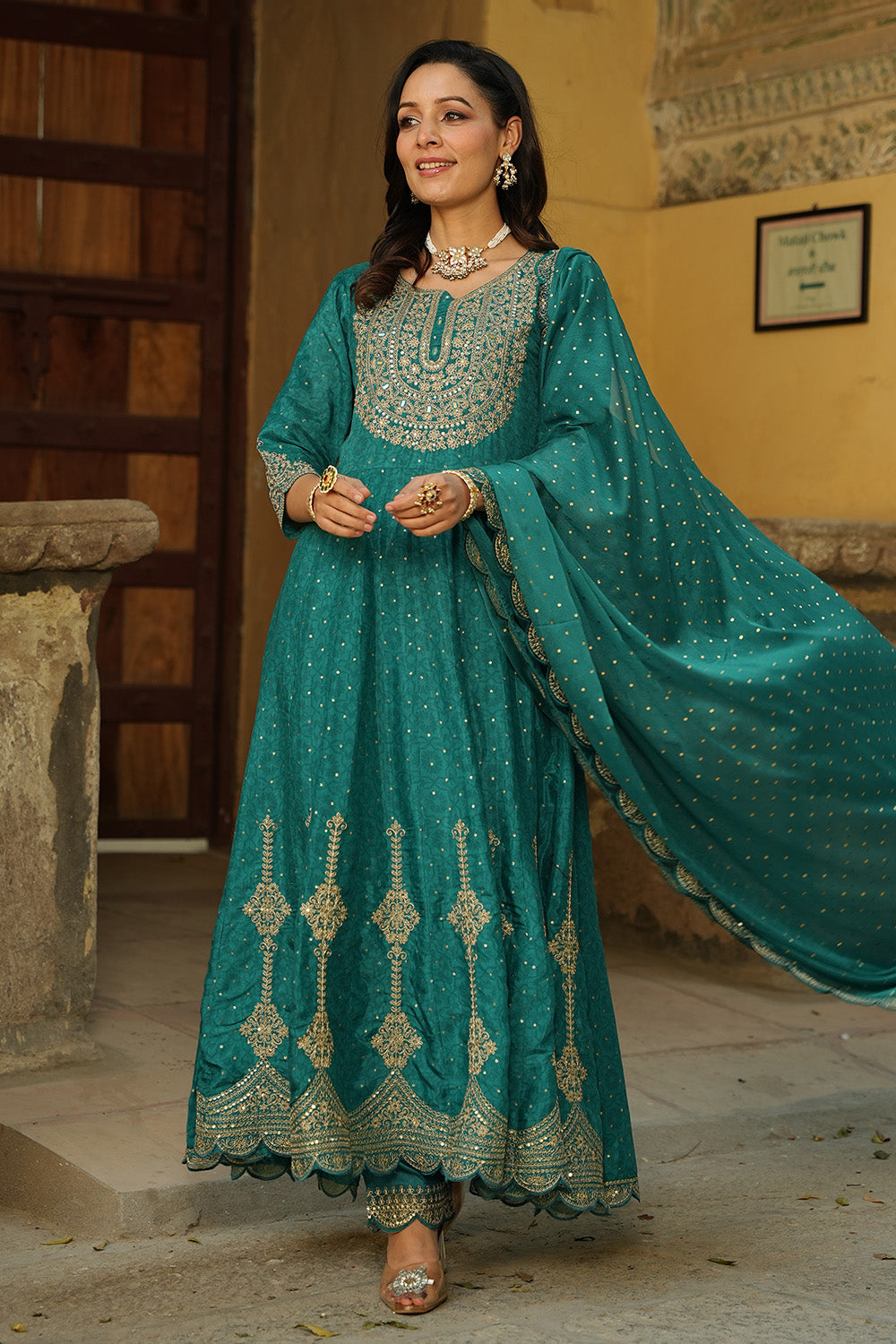 Teal Color Muslin Zari Embroidered Anarkali Suit