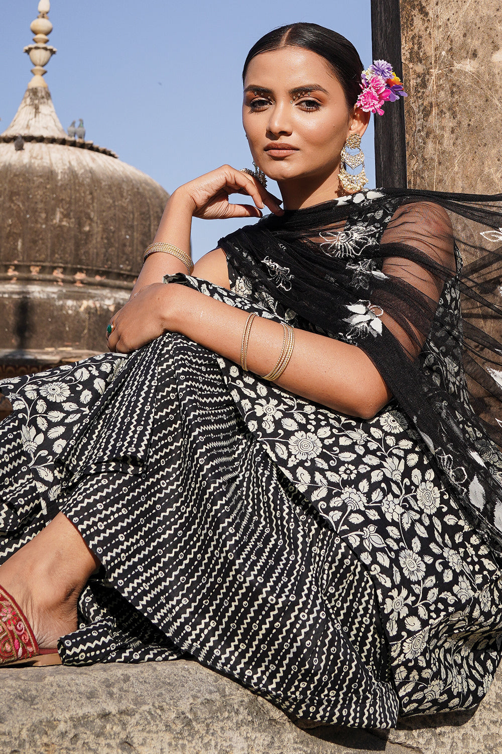 Black Color Cotton Printed Peplum Sharara Suit