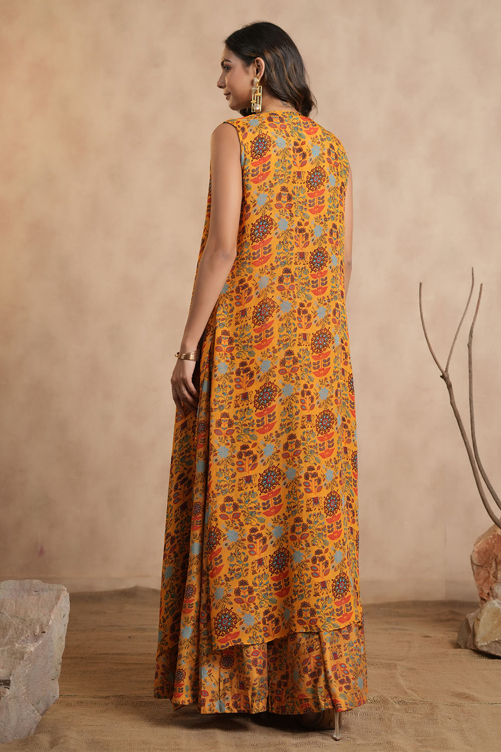 Mustard Green Colour Chinon Embroidered Crop-Top and Printed Palazzo Set With Shrugs
