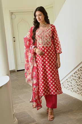 Fuchsia Pink Color Chanderi Printed Suit