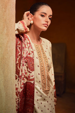Cream Color Pashmina Printed Unstitched Suit Material