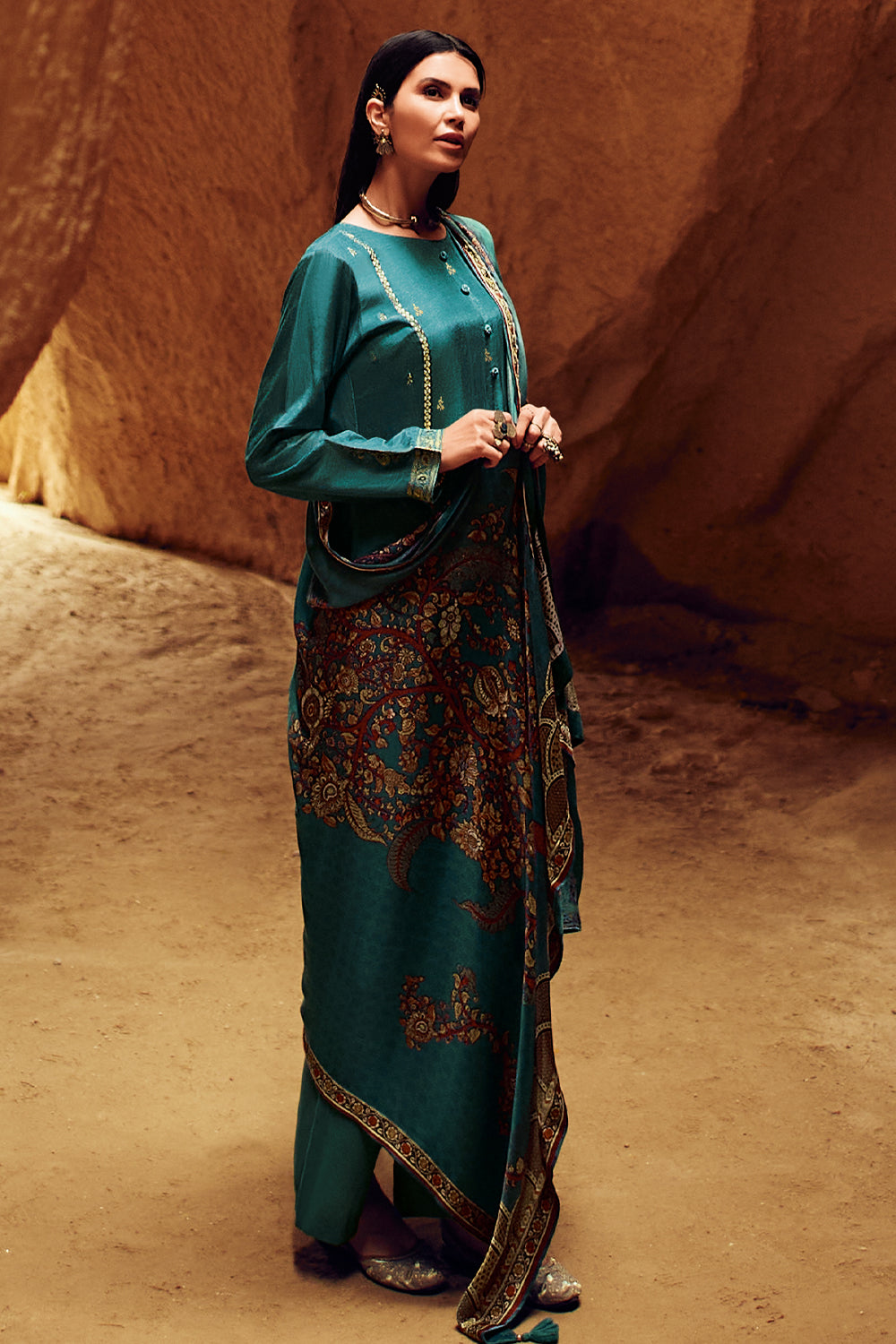 Teal Colour Silk Woven Unstitched Suit Material