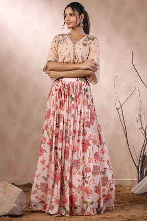 Peach Color Crepe Printed Crop Top with Skirt
