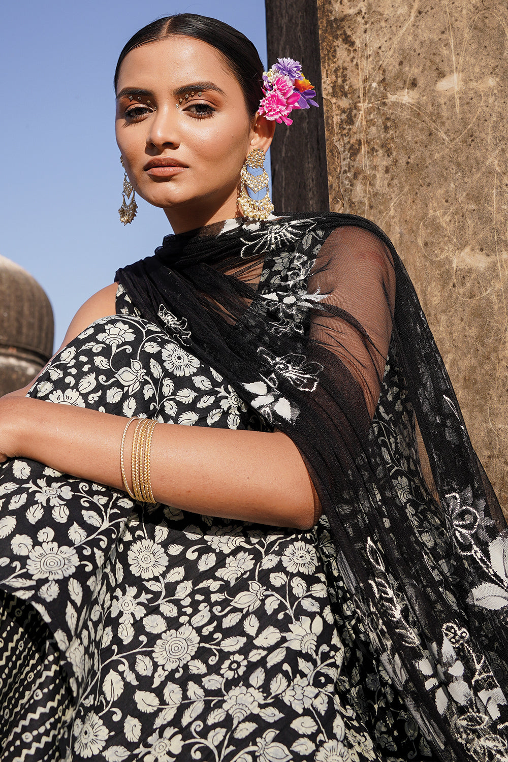 Black Color Cotton Printed Peplum Sharara Suit