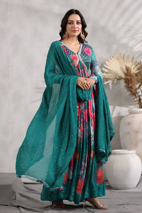 Teal Color Crepe Alia-Cut Printed Anarkali Suit
